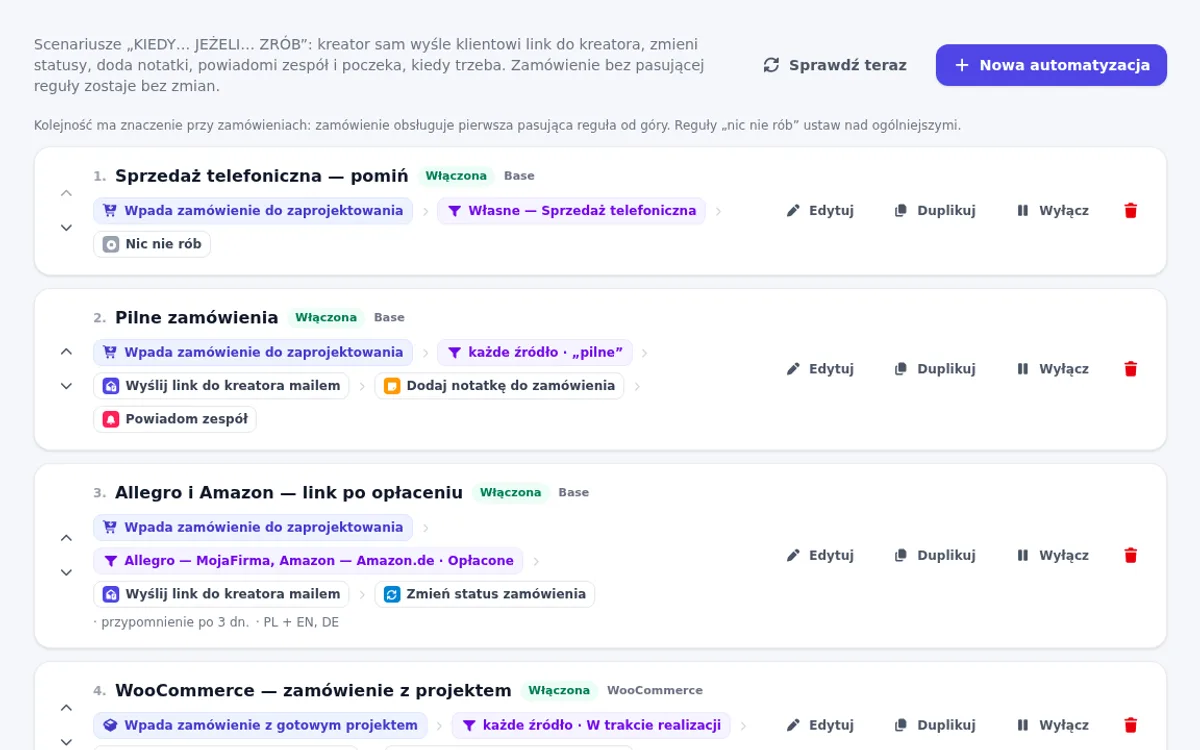 Lista scenariuszy automatyzacji: link po opłaceniu, pilne zamówienia, sprzedaż telefoniczna, zamówienie z projektem