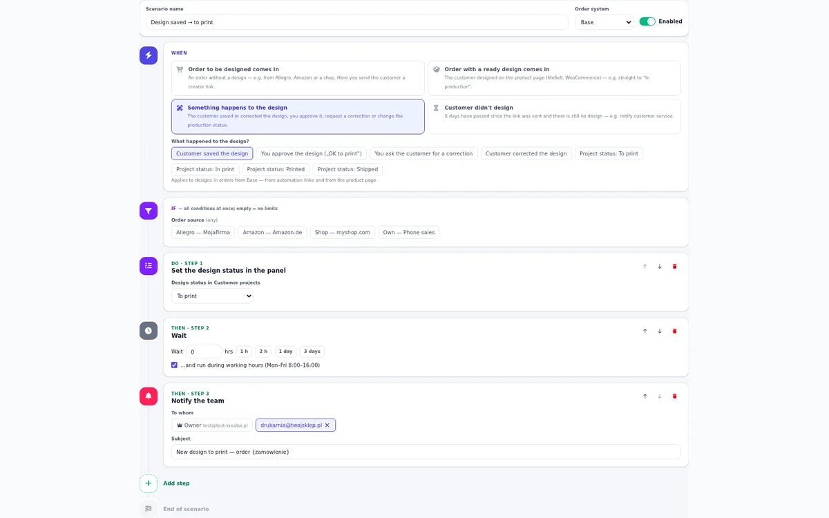 Automation scenario: when the customer saves the design — set the status To print, wait until working hours and notify the print shop