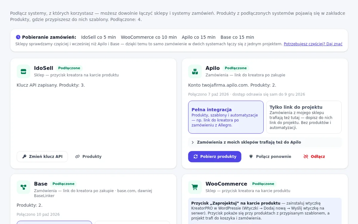 Zakładka Integracje w panelu sklepu: IdoSell, Apilo, Base i WooCommerce podłączone jednocześnie