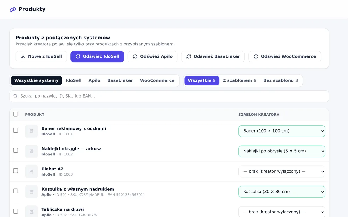 Products tab: products from WooCommerce and other systems with a source filter and assigned templates