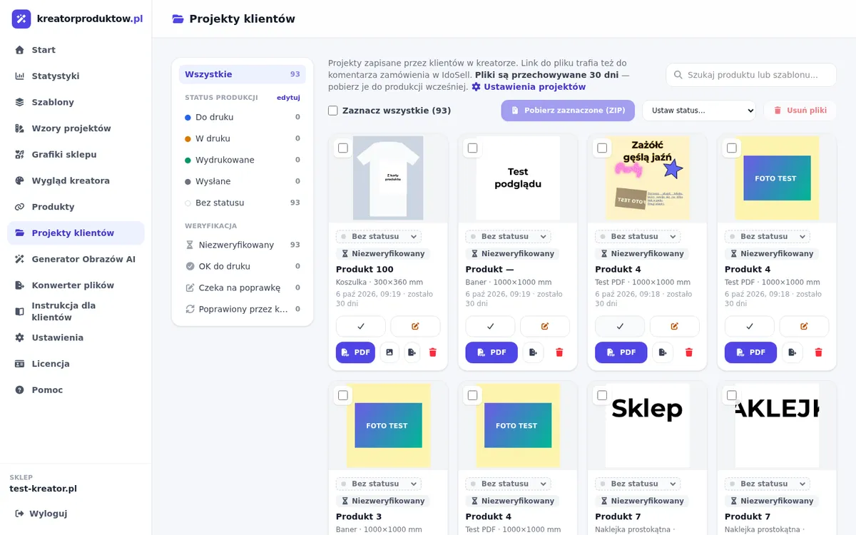 Shop panel: customer projects with production statuses, filters and ZIP download
