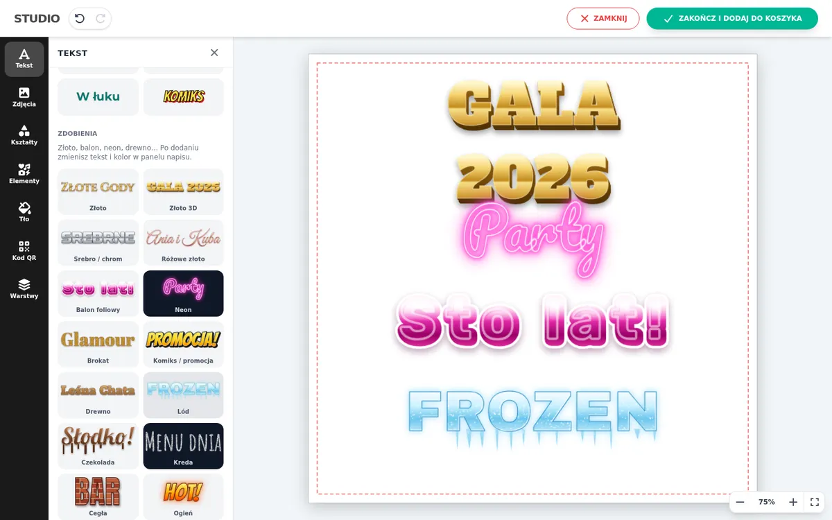 Text decorations in the designer: 3D gold, neon, foil balloon, ice